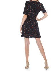 Cinched Sleeve Woodland Ditsy Wrap Dress In Black Cherry