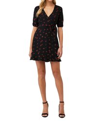 Cinched Sleeve Woodland Ditsy Wrap Dress In Black Cherry - Black Cherry