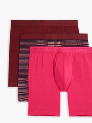 Cotton Stretch 6" Boxer Brief 3-Pack - Cordovan/ Stripe/Fuchsia Purple