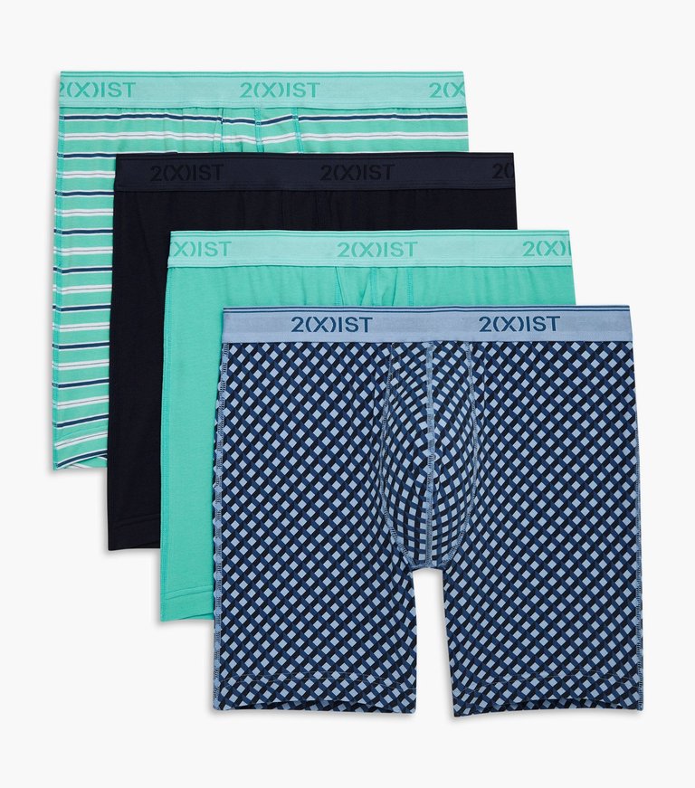 2(X)IST Printed Stripe/Navy Blazer/Turquoise/Geo X Print Cotton Stretch 6 Boxer  Brief 3+1 Bonus Pack - Printed Stripe/Navy Blazer/Turquoise/Geo X Print