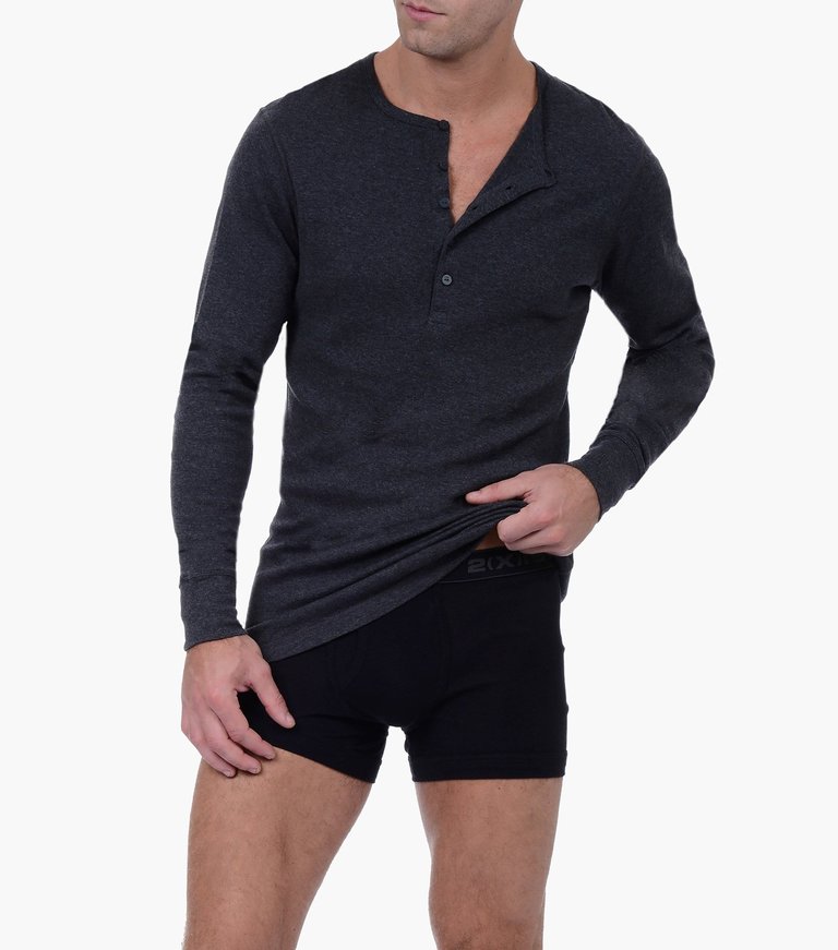 Essential Cotton Long Sleeve Henley - Charcoal Heather