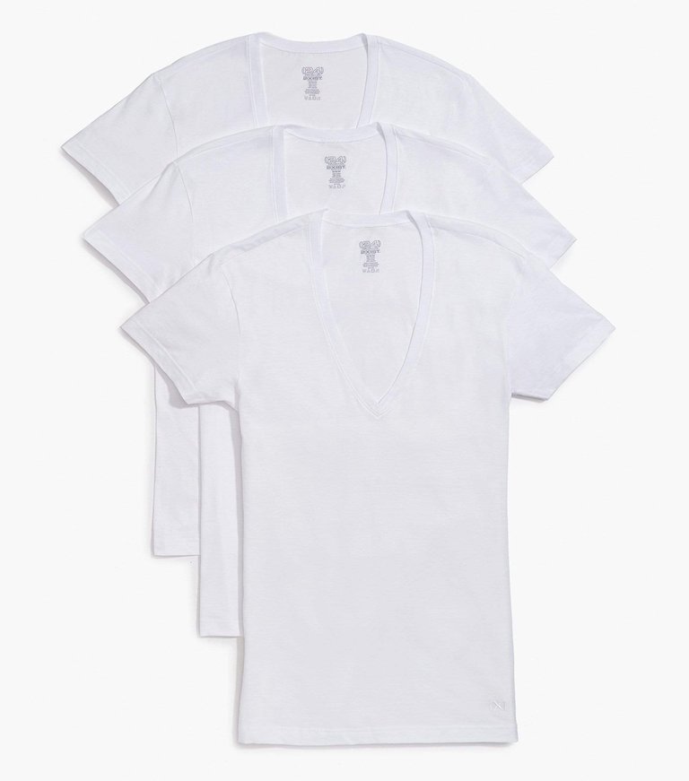 Essential Cotton Slim Fit Deep V-Neck T-Shirt 3-Pack - White