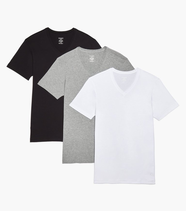Essential Cotton V-Neck T-Shirt 3-Pack - Wht/Blk/Hgy