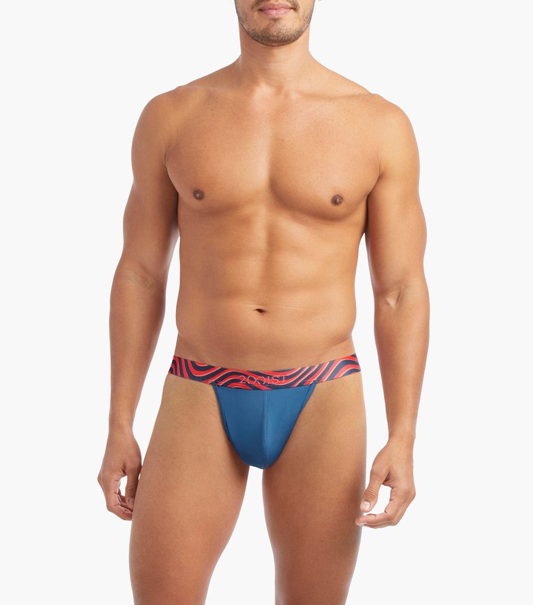 Sliq Micro Y-Back Thong - Dark Blue With Waves Waistband