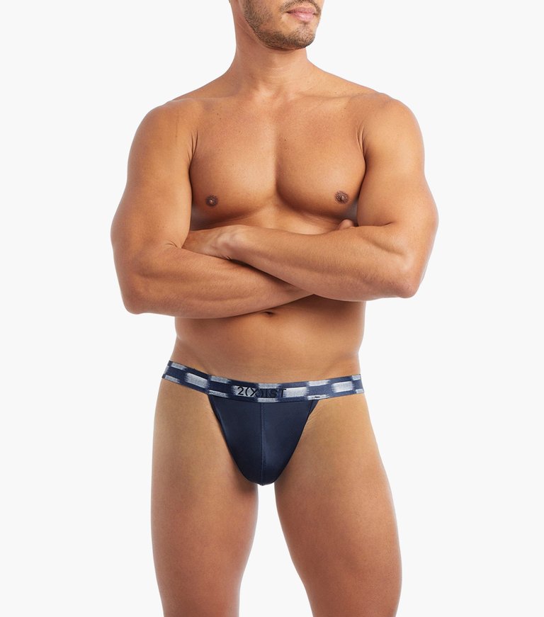 Sliq Micro Y-Back Thong - Navy Blazer With Indigo Jacq Waistband