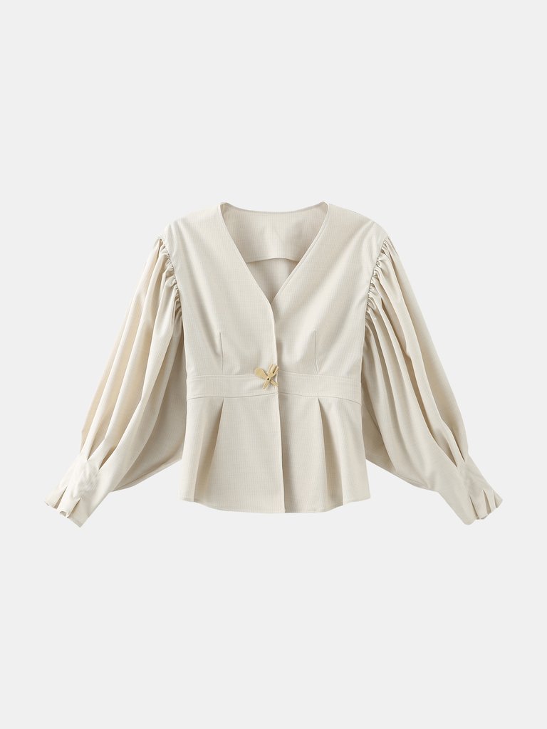 Ruffle Blouse with Tableware Pin - Oatmeal