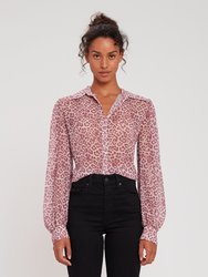 Puff Sleeve Button Up Blouse - Rose Leopard
