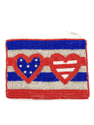 American Flag Beaded Pouch with Hearts - Red