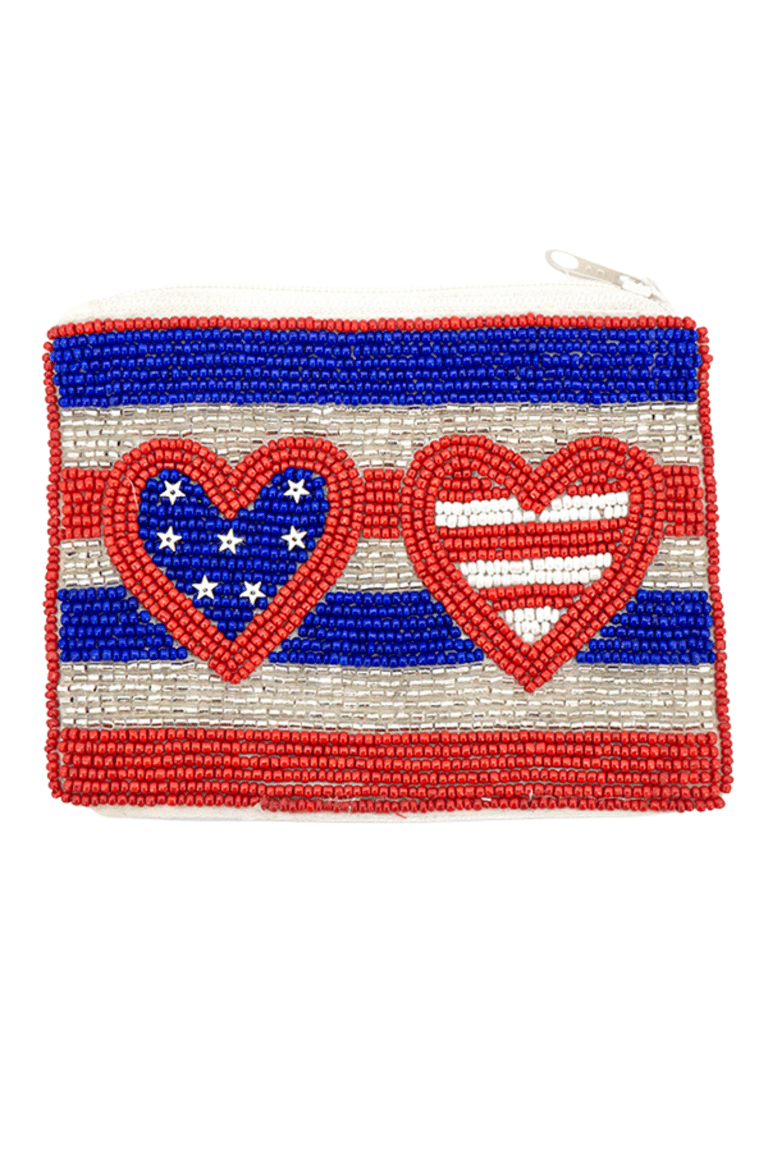 American Flag Beaded Pouch with Hearts - Red