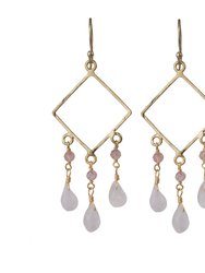 Diamond-Shaped Earring With Cherry Quartz and Moonstone Drops - Gold