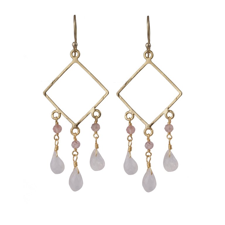 Diamond-Shaped Earring With Cherry Quartz and Moonstone Drops - Gold