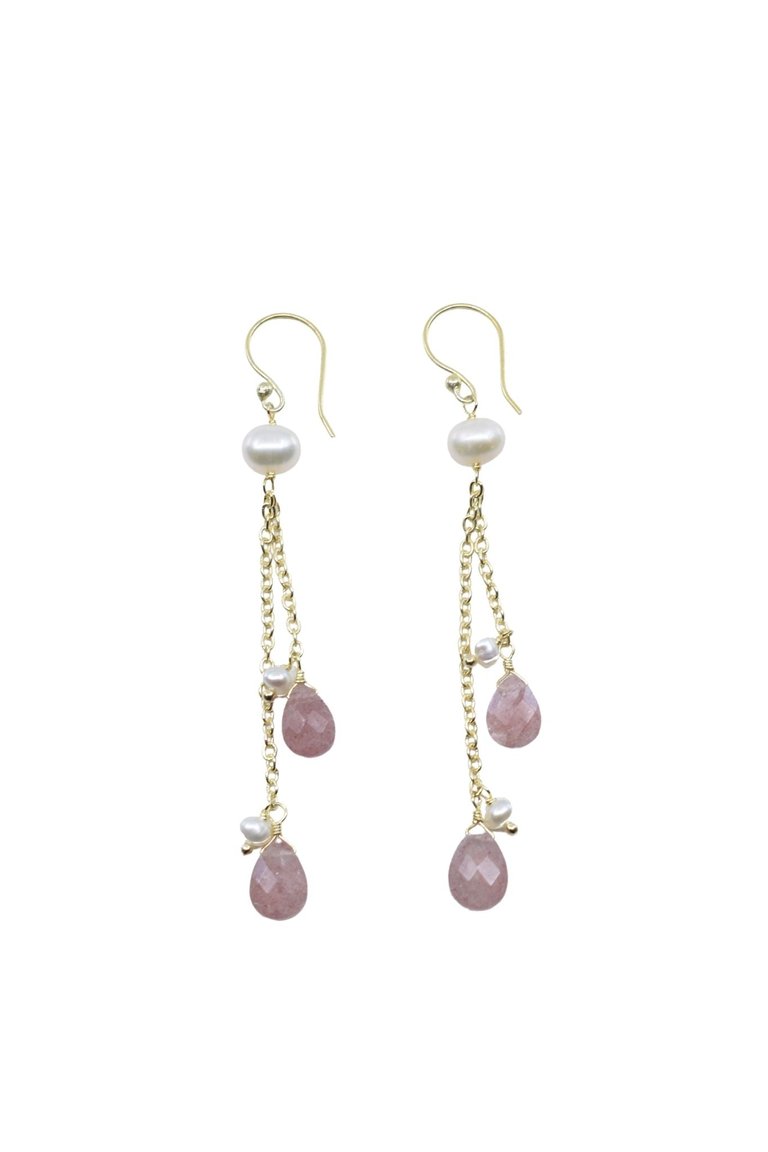 Gold Dangle Earrings With Gold Chain Strands With Cherry Quartz And Pearl Drops - Gold