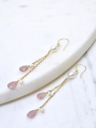 Gold Dangle Earrings With Gold Chain Strands With Cherry Quartz And Pearl Drops