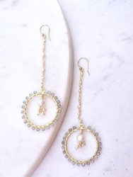 Gold Earrings with Pearl Chain and Labradorite Hoop Drop