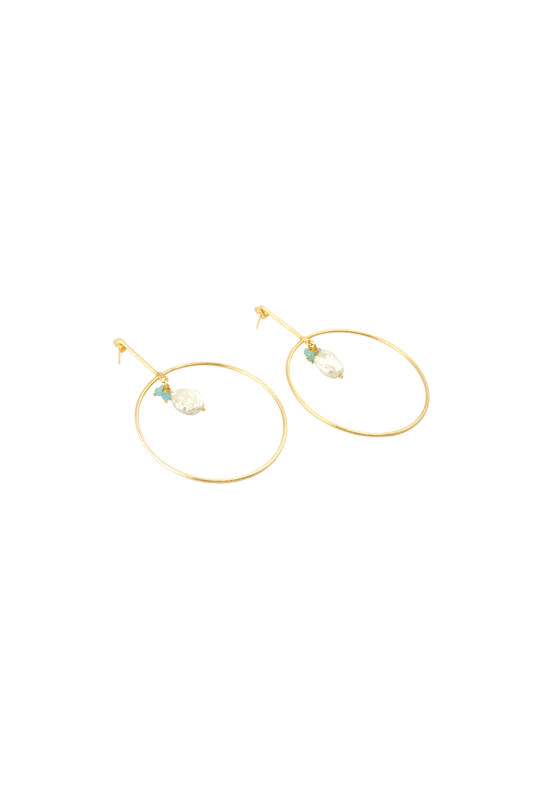 Gold Hoop Drop Earrings With Pearl And Chalcedony Accent - Gold