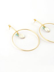 Gold Hoop Drop Earrings With Pearl And Chalcedony Accent