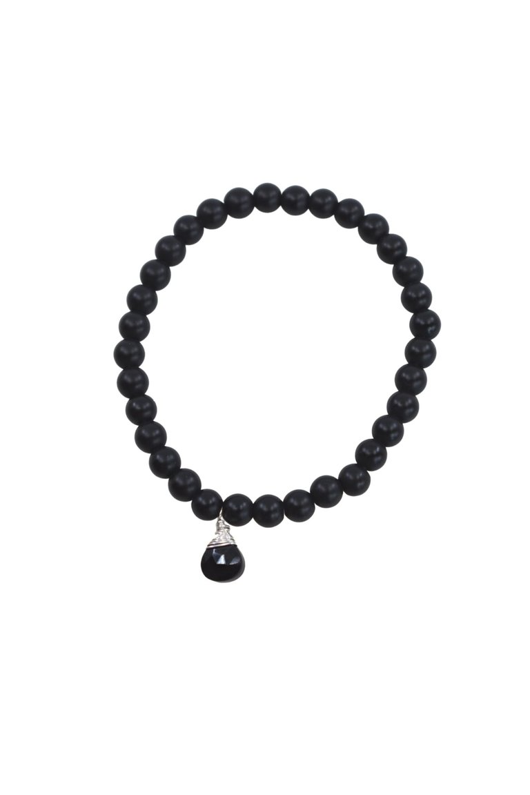 Matte Black Onyx Small Stone Stretch Bracelet With Black Onyx Hand-Wrapped In Sterling Silver - Black Onyx