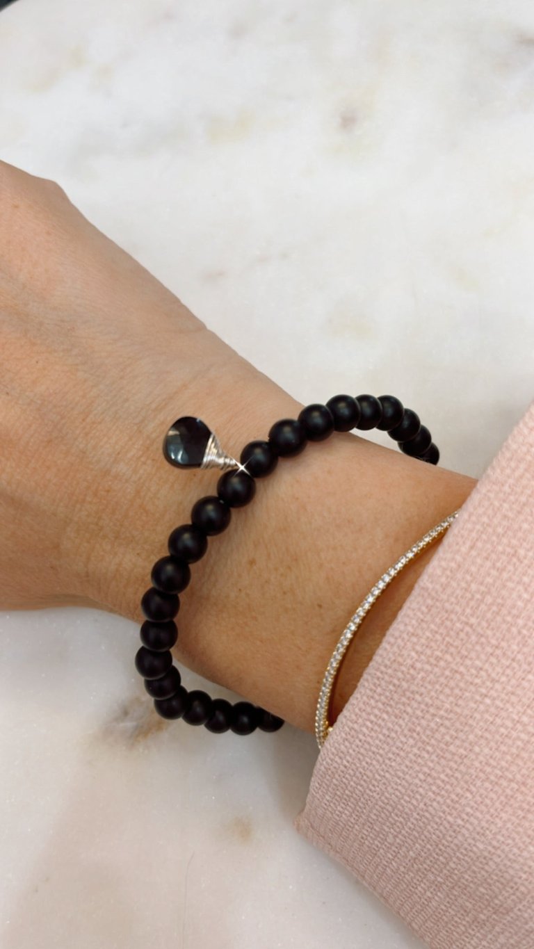 Matte Black Onyx Small Stone Stretch Bracelet With Black Onyx Hand-Wrapped In Sterling Silver