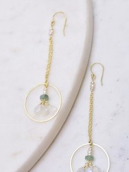 Pearl Accented Gold Chain Dangle Earrings with Green Strawberry Quartz and Moonstone Hoop Drop