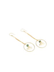 Pearl Accented Gold Chain Dangle Earrings with Green Strawberry Quartz and Moonstone Hoop Drop - Gold