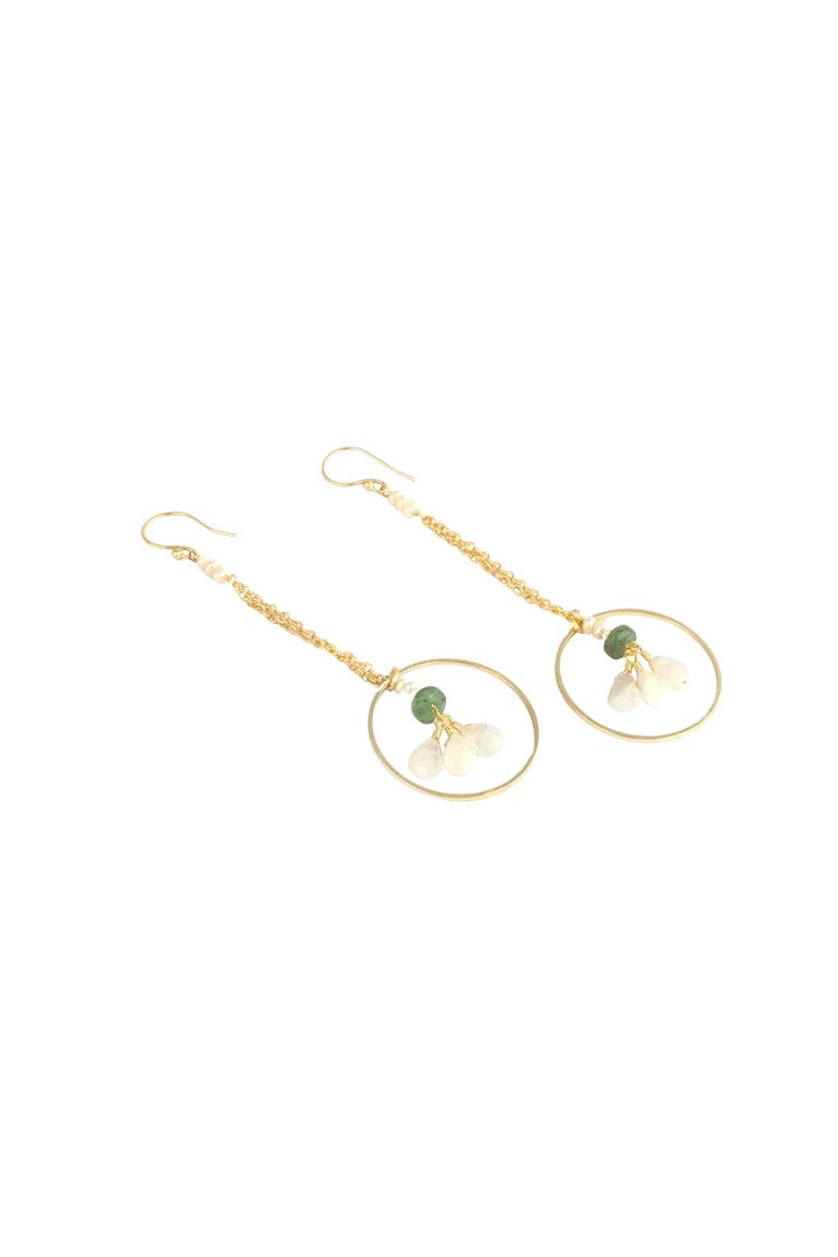 Pearl Accented Gold Chain Dangle Earrings with Green Strawberry Quartz and Moonstone Hoop Drop - Gold