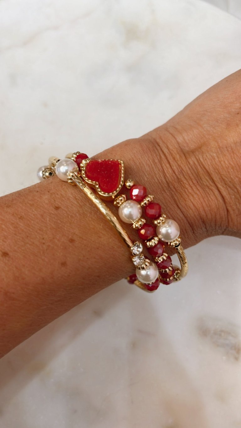 Red Heart Druzy And Pearl Wrap Gold Bracelet