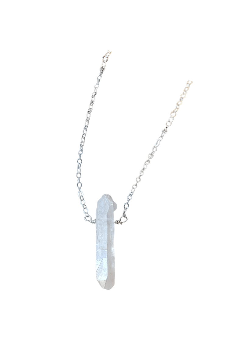 Single Raw Rainbow Quartz Crystal Pendant Necklace in Silver - Silver