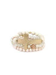 Soft Pink Soapstone And Crystal Beaded Stretch Bracelet With Gold Cross - Pink