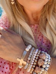 Soft Pink Soapstone And Crystal Beaded Stretch Bracelet With Gold Cross
