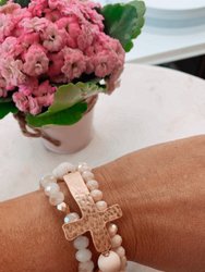 Soft Pink Soapstone And Crystal Beaded Stretch Bracelet With Gold Cross