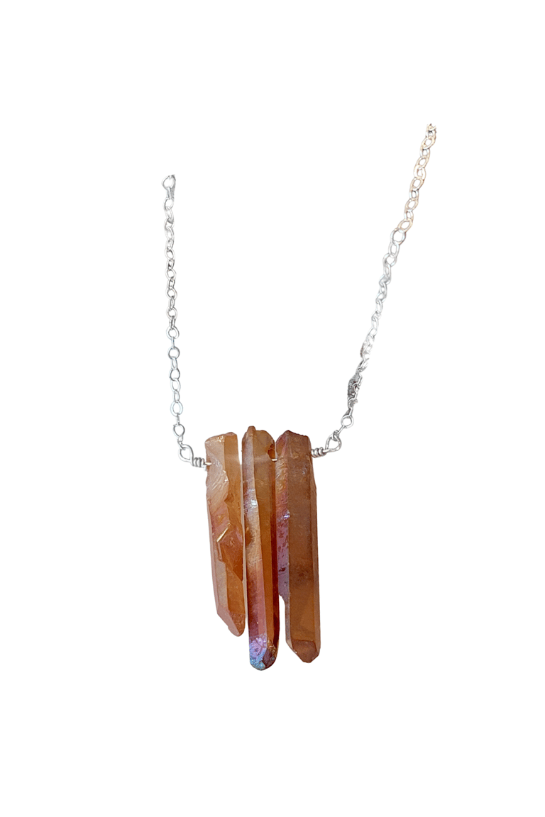 Three Raw Peach Quartz Crystal Pendant Necklace in Silver - Peach