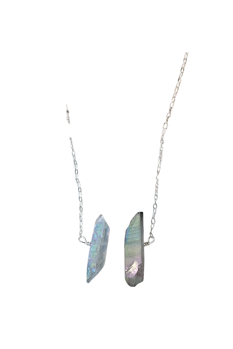 Three Raw Quartz Crystal Pendant Necklace with Mystic Grey and Rainbow Quartz in Silver - Grey and Rainbow