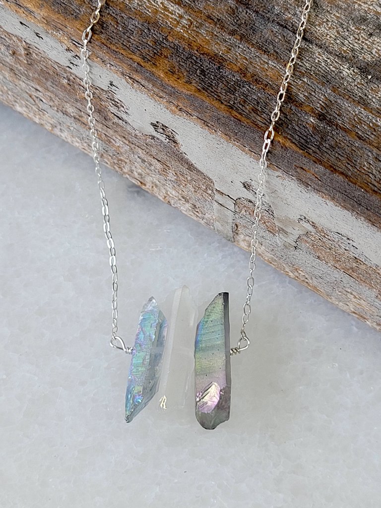 Three Raw Quartz Crystal Pendant Necklace with Mystic Grey and Rainbow Quartz in Silver