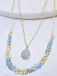 Two-Strand Necklace With Turquoise and Pearl Beads And White Druzy Pendant
