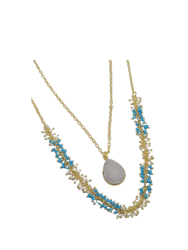 Two-Strand Necklace With Turquoise and Pearl Beads And White Druzy Pendant - Gold