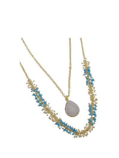 A Blonde and Her Bag Two-Strand Necklace With Turquoise and Pearl Beads And White Druzy Pendant product