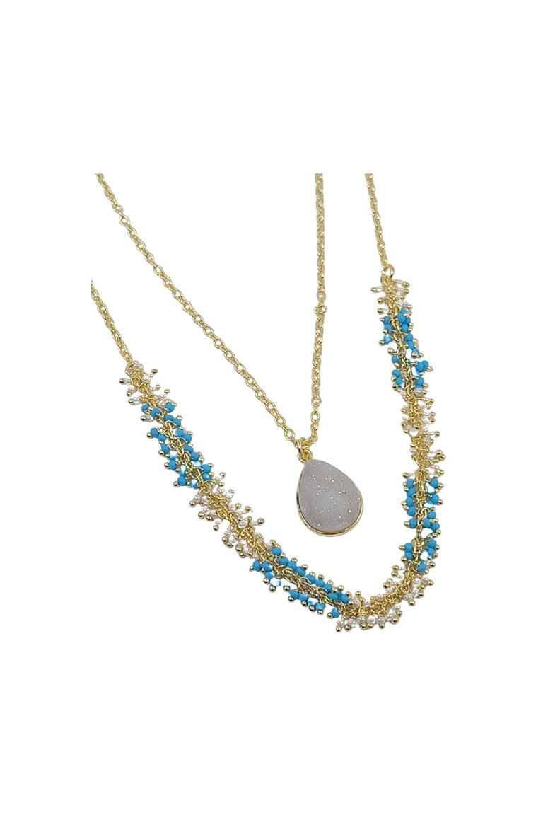 Two-Strand Necklace With Turquoise and Pearl Beads And White Druzy Pendant - Gold