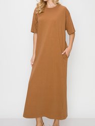 Garment Dye Half Sleeve  T Shirt Maxi Dress - Earth