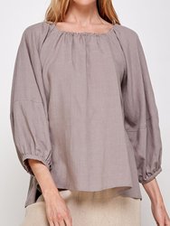 Round neck shirred balloon-sleeve cuffs top - D.Violet