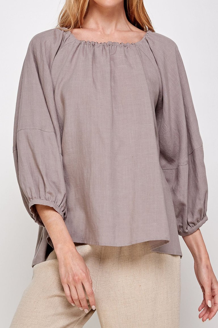 Round neck shirred balloon-sleeve cuffs top - D.Violet