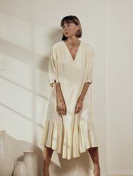 V Neck Single-Tiered Skirt Midi Dress - Cream