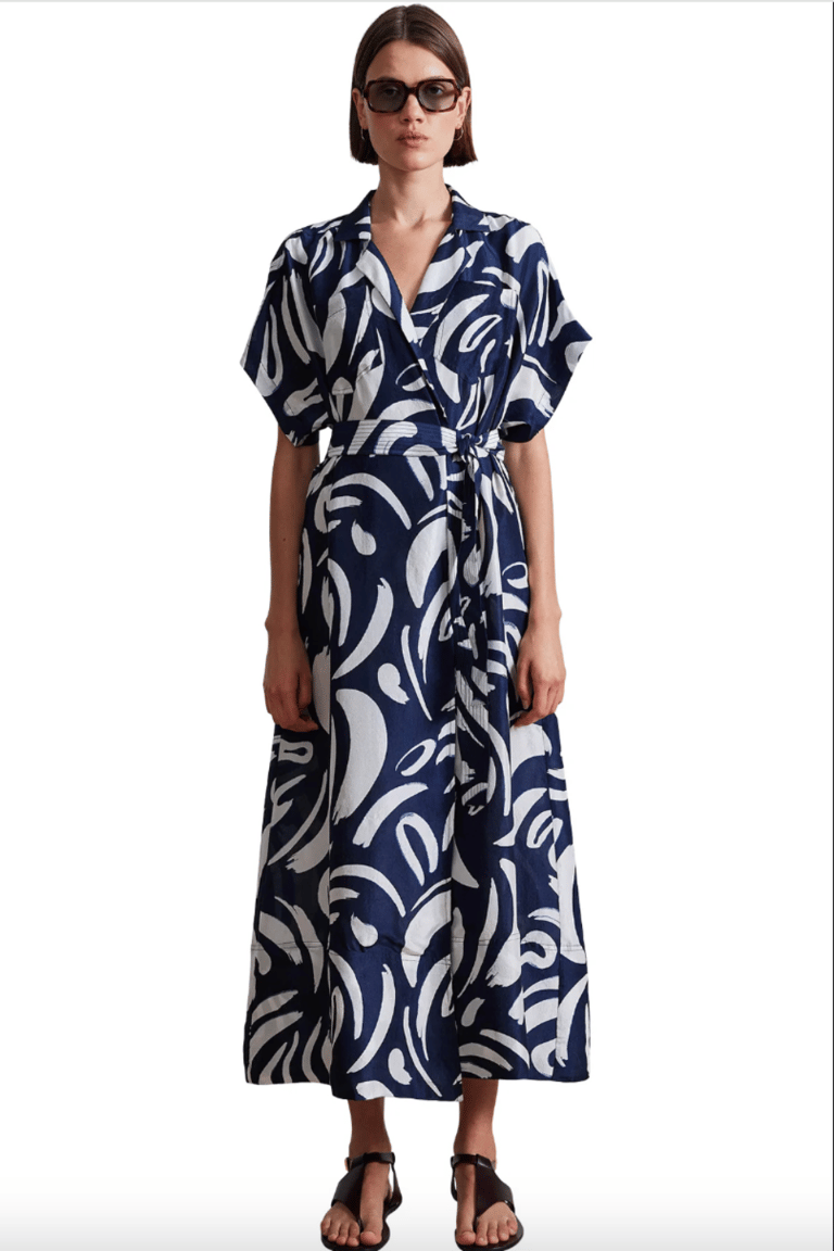 Vicenza Wrap Maxi Dress - Navy Abstract Brushes