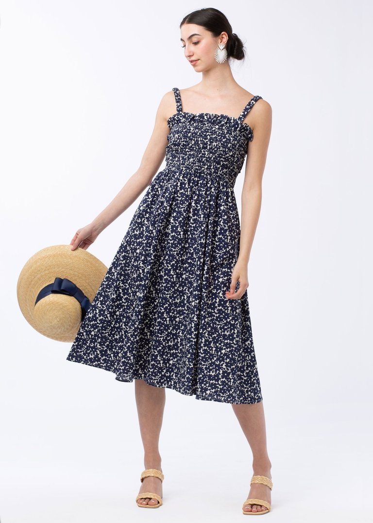 Ashley Smocked Navy Floral Dress - Navy