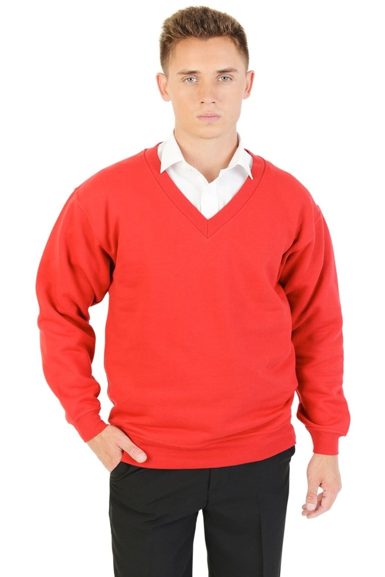 Mens V Neck Sweat - Red - Red