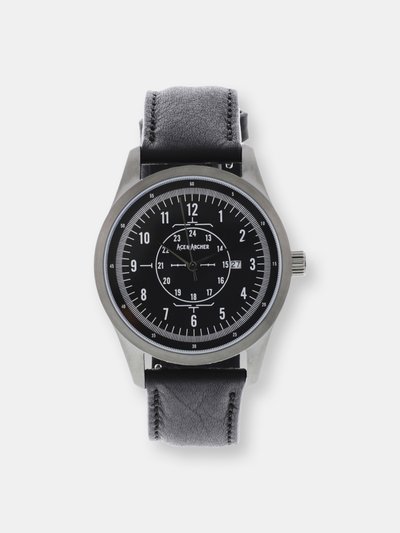 Ace & Archer Aviator Watch, Stainless Steel Case and Leather Band for Men,  Free Leather Wallet with Purchase Made in the USA - Gun Metal / Black product