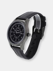 Aviator Watch, Stainless Steel Case and Leather Band for Men,  Free Leather Wallet with Purchase Made in the USA - Gun Metal / Black