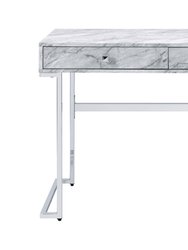 ACME Tigress Writing Desk, White Printed Faux Marble & Chrome Finish
