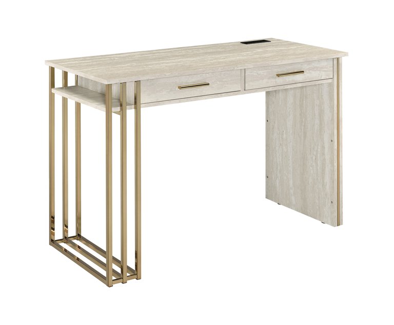 ACME Tyeid Built-in USB Port Writing Desk, Antique White & Gold Finish