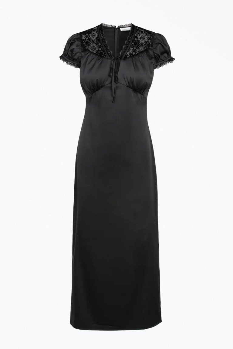 Lace-Trimmed Satin Midi Dress - Black