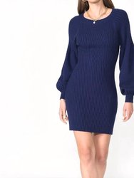 Mellie Ribbed Puff Sleeve Sweater Dress - Marine Blue